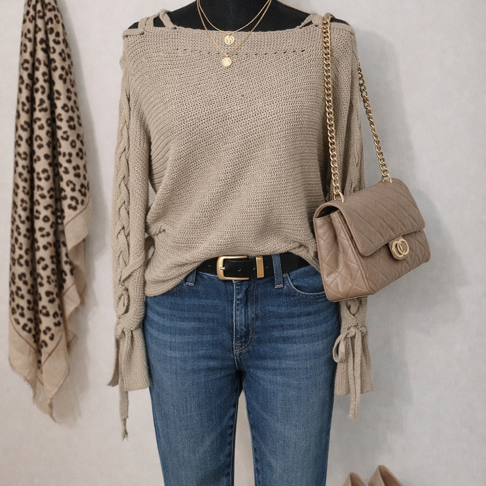 Charlotte Russe Beige Off-the-Shoulder Sweater